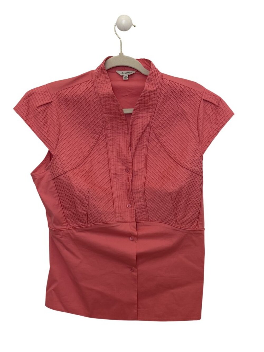 J. Peterman Size 14 Coral Pink Textured Cap Sleeve Button-Up Blouse